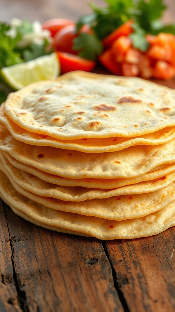 A stack of warm corn tortillas on a wooden table with fresh ingredients for tacos.